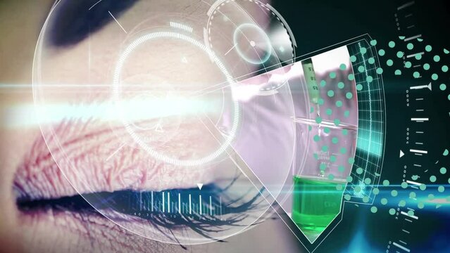 Animation of digital screen over bionic eye of caucasian woman