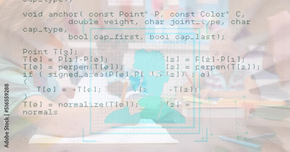 Poster animation of data processing over caucasian boy at school