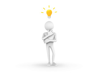3D Illustration of a cartoon man thinking with a bulb icon above his head