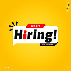 Hiring recruitment open vacancy design info label template. We are hiring join to team announcement lettering in speech bubble chat box vector illustration isolated on yellow background