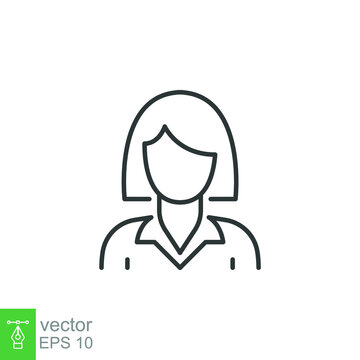Business woman thin line icon. Female employee, businesswoman avatar, user symbol. Simple outline style linear stroke, manager, people, person silhouette, head pictogram. Vector design isolated EPS 10