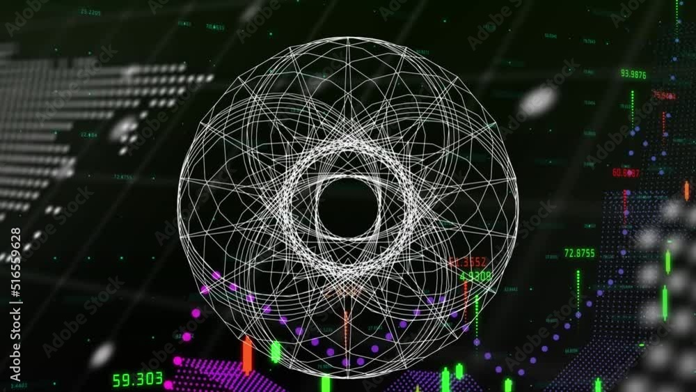 Poster animation of financial data and graphs over world map and geometrical shapes on black background