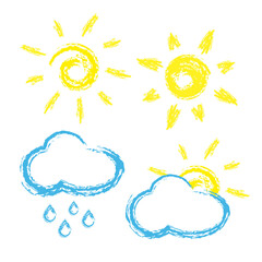 Set of chalk stylized weather icons isolated on white. Chalk drawn sun and clouds. Vector illustration.