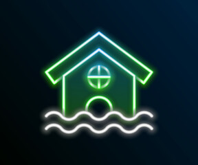 Glowing neon line House flood icon isolated on black background. Home flooding under water. Insurance concept. Security, safety, protection, protect concept. Colorful outline concept. Vector
