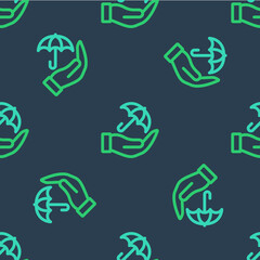 Line Umbrella in hand icon isolated seamless pattern on blue background. Insurance concept. Waterproof icon. Protection, safety, security concept. Vector