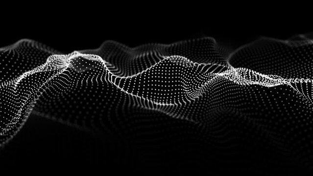 Wave of dots and lines. Gradient wavy background. Abstract cyber backdrop of points and lines. 3d rendering. 4K video. Seamless loop.