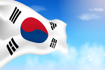 South Korea flag in the clouds. Vector flag waving in the sky. National day realistic flag illustration. Blue sky vector.