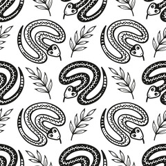 Cute Snakes and Leaves Seamless Pattern. Funny Viper Snake. Black and White Background for Kids Design.
