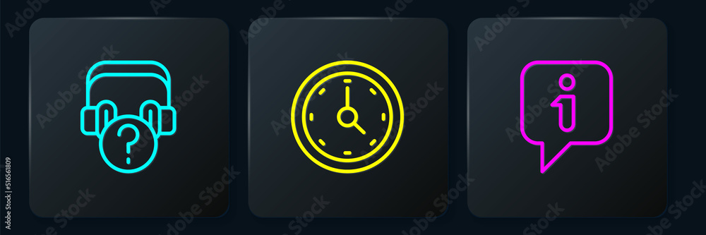 Poster set line headphones with question, information and clock. black square button. vector