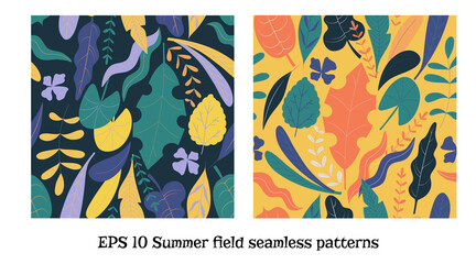 Two colorful hand drawn vector seamless patterns with tropical leaves in flat doodle style