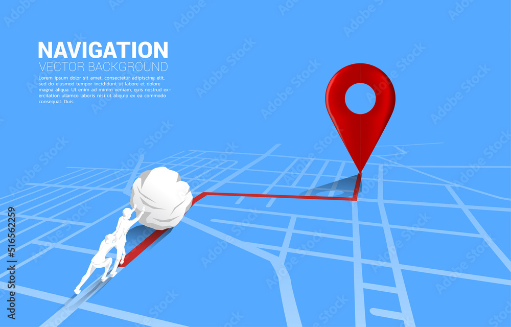 Poster route between 3d location pin markers and two businessman push the rock on city road map. concept fo