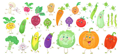 Big set of funny colorful vegetables. Characters in cartoon style. Isolated on white background. Vector flat illustration. 