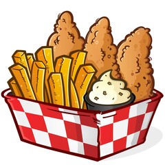 An irresistible basket of deep fried chicken tenders and crispy golden French fries fresh from the deep fryer - 516562466