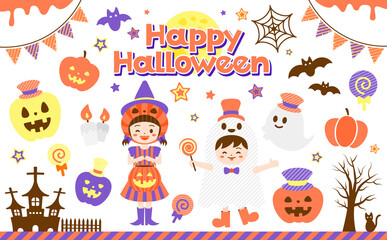 仮装する子供とハロウィーンイラストのセット_ハロウィンカラー