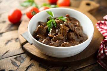 Homemade beef goulash or ragout with vegetables