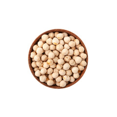 Roasted white chickpeas in wooden bowl on white background, top view. White chickpeas, with their high fiber content, are very healthy to consume