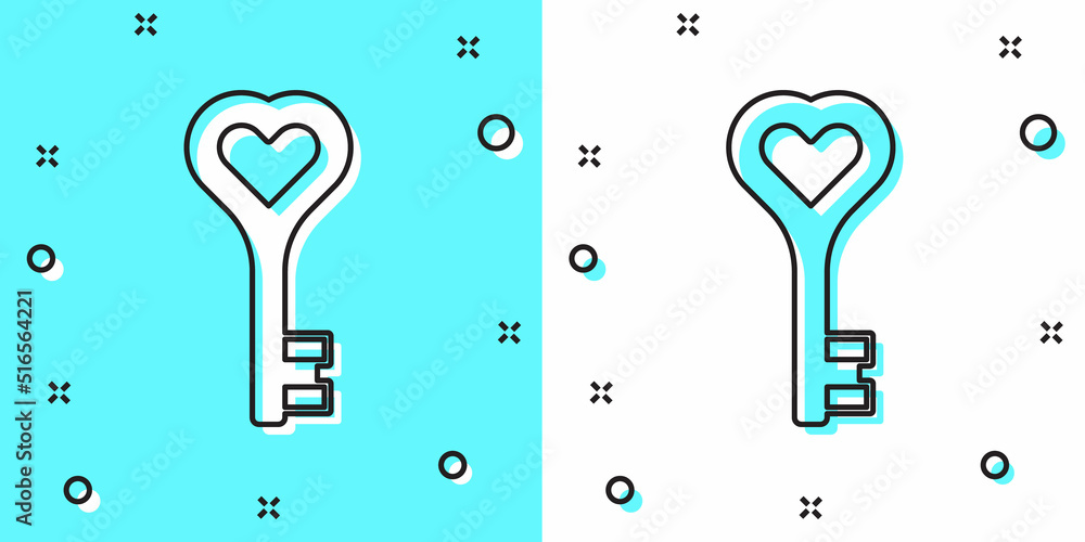 Poster black line key in heart shape icon isolated on green and white background. happy valentines day. ran