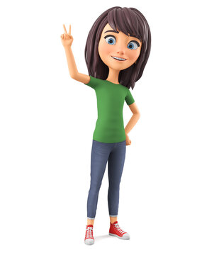 Girl isolated on white background showing the peace of the world. 3d rendered illustration.