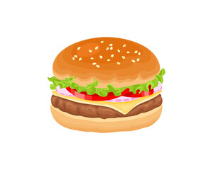 Cartoon hamburger or cheeseburger isolated on white background. Vector illustration of fast food.