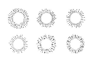 Collection of sunburst explosion. Hand drawn starburst design elements. Fireworks black rays set