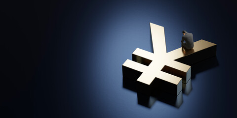 Obraz premium 円記号に座り込みうなだれるビジネスマン / 為替・円相場・円安進行・お金の悩みのコンセプトイメージ / 3Dレンダリング