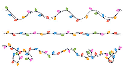 Set of festive multicolored garlands on cable in flat style. Decoration, holiday concept.