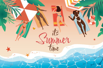 Summertime background in cartoon design in top view. Wallpaper with women in bikini sunbathing and lying on towels at summer beach with palm by sea. Vector illustration for poster or banner template