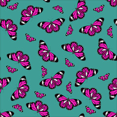 Patrón cuadrado de mariposas fucsias, sobre fondo verde