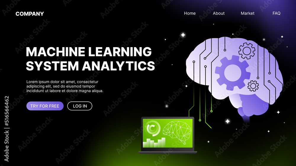 Aufkleber machine learning system analytics website landing page template. vector illustration