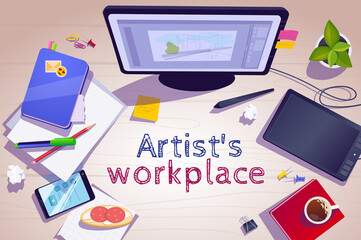 Artist workplace background in cartoon design in top view. Wallpaper with composition of computer, graphic tablet, stationery, pencil, paper, other. Vector illustration for poster or banner template