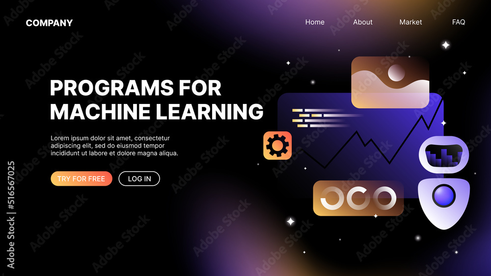 Poster programs for machine learning. artificial intelligence web landing page template. vector illustratio