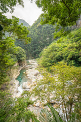 Beautiful natural scenic of river inside the valley with green forest covered.