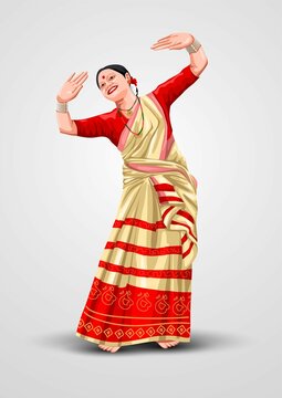 Bihu Indian Traditional dress of Assam with cultural bihu dance by Assamese girl. vector illustration