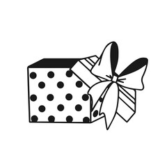 Contour drawing of an open gift box with a festive ribbon and a bow on the lid. Doodle style.