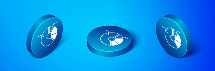 Isometric Pie chart infographic icon isolated on blue background. Diagram chart sign. Blue circle button. Vector