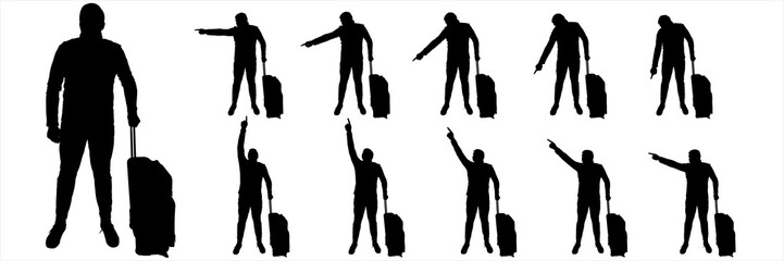 A tourist with a suitcase on wheels is standing. A tourist in a tracksuit, with the help of a hand and a finger, indicates the direction. Front view. Eleven black male silhouettes isolated on white