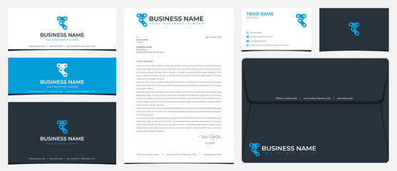 chain logo with letter R with stationery, business card and social media banner designs