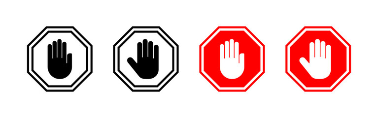 Stop icon vector. stop road sign. hand stop sign and symbol. Do not enter stop red sign with hand