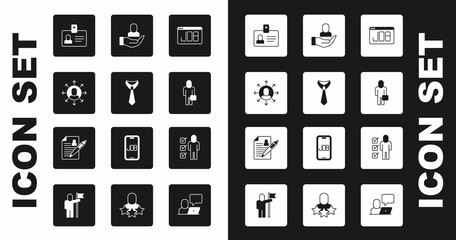 Set Search job, Tie, Multitasking manager working, Identification badge, Businessman, Worker, Resume and icon. Vector