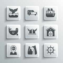 Set Waterfall, Ship steering wheel, Farm house, Viking horned helmet, Location flag Iceland, Fur seal animal, Whale tail and Cruise ship icon. Vector