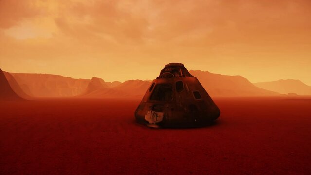 A close-up view of a burnt-out spaceship capsule that crash-landed on the red planet during a Mars mission.