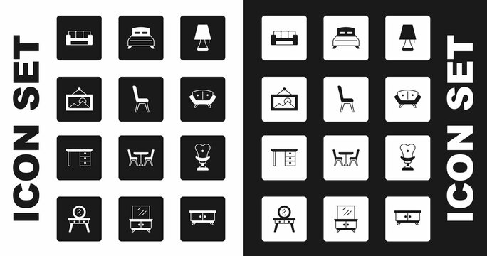 Set Table lamp, Chair, Picture, Sofa, Big bed, Armchair and Office desk icon. Vector