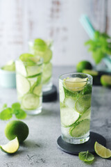 Mineral water with lime and cucumber