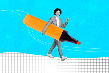 Composite collage portrait of little boy black white gamma hands hold big market walk checkered...