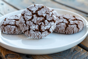 Homemade almond cookies with cocoa sprinkled with powdered sugar on a plate on a wooden background. High-quality photo