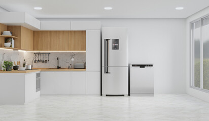 Kitchen room with a dinning table - wall. 3D rendering.