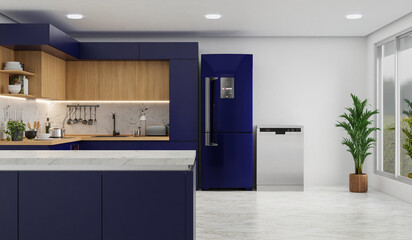 Kitchen room with a dinning table - wall. 3D rendering.