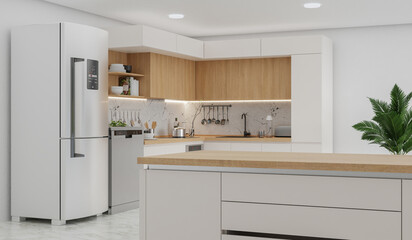 Kitchen room with a dinning table - wall. 3D rendering.