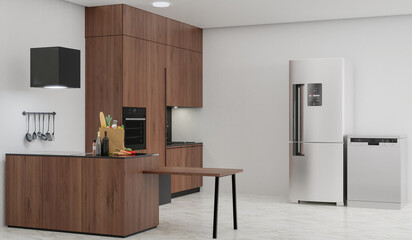 Kitchen room with a dinning table - wall. 3D rendering.