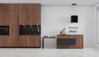Kitchen room with a dinning table - wall. 3D rendering.